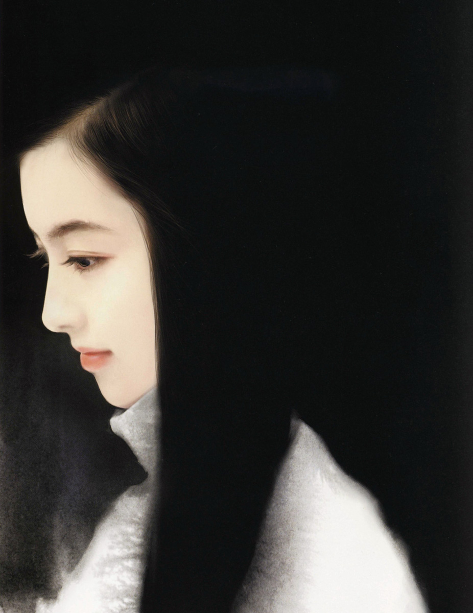 chen shu fen, highres, black hair, long hair, realistic, smile, solo, sweater, turtleneck