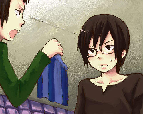 ano maki, ushiro jun, bokurano, lowres, 1boy, 1girl, black eyes, black hair, blush, boxers, male underwear, underwear