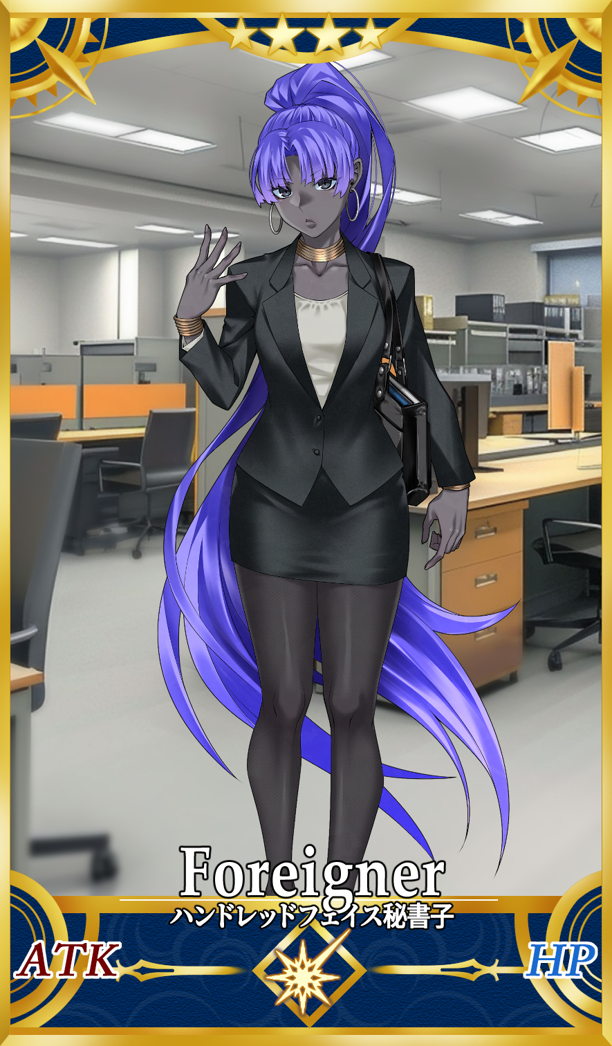 shin (ultramarine430), assassin (fate/zero), female assassin (fate/zero), fate/zero, fate (series), highres, 1girl, breasts, business suit, card (medium), card parody, colored skin, dark-skinned female, dark skin, formal clothes, grey skin, lanyard, long hair, office, office lady, pencil skirt, ponytail, purple hair, servant card (fate/grand order), skirt, skirt suit, suit, very dark skin