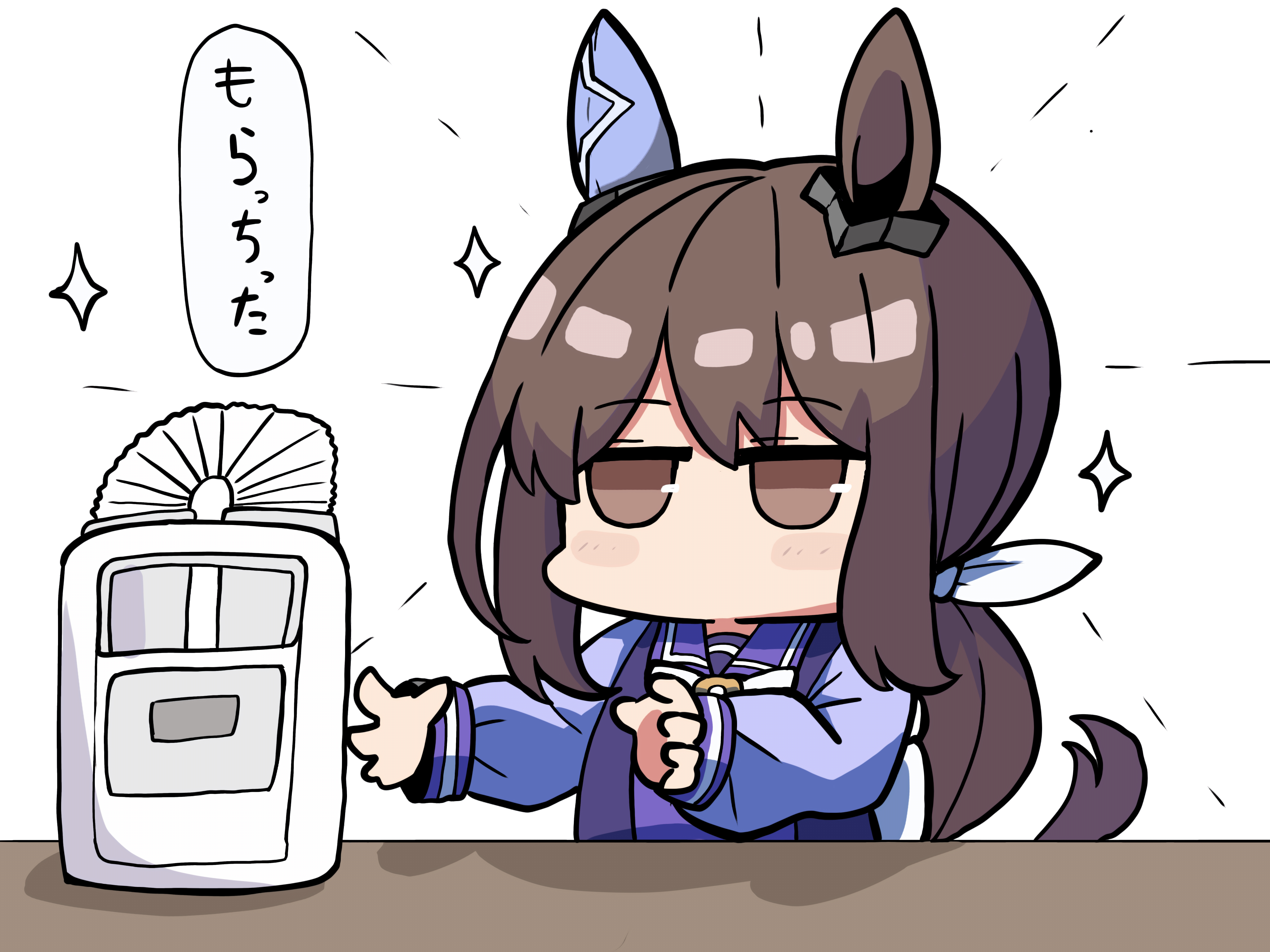 kawamochi (tddm3573), admire vega (umamusume), umamusume, absurdres, highres, translation request, 1girl, animal ears, blush stickers, bow, brown eyes, brown hair, chibi, hair ribbon, horse ears, horse girl, horse tail, jitome, long sleeves, low ponytail, ponytail, puffy long sleeves, puffy sleeves, purple shirt, ribbon, school uniform, shirt, simple background, solo, tail, tracen school uniform, upper body, white background, white bow, white ribbon