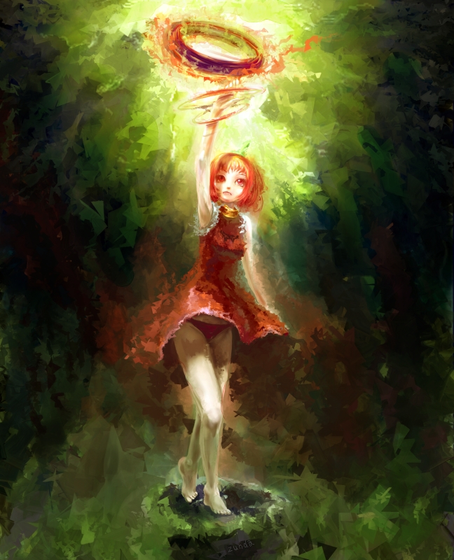kushidango, zunda (kushidango), habanero-tan, original, 1girl, armpits, barefoot, chili pepper, dress, female focus, habanero pepper, panties, red eyes, red hair, red panties, short hair, solo, underwear