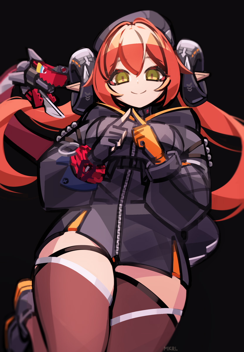 makaroll, magus (zenless zone zero), orphie magnusson, zenless zone zero, highres, 2girls, black hat, black shrug, breasts, fingerless gloves, gloves, goat horns, green eyes, hat, horns, index fingers together, large breasts, long hair, looking at viewer, multiple girls, orange hair, shrug (clothing), smile, thighhighs, twintails, yellow gloves