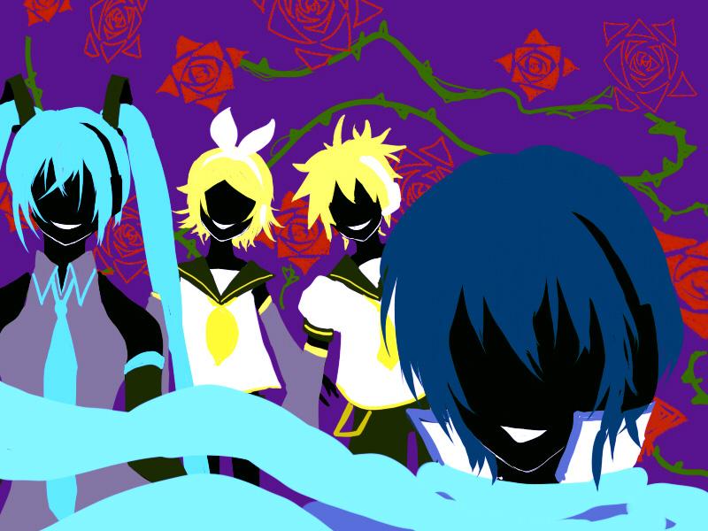 ataru (7noise), hatsune miku, kagamine len, kagamine rin, kaito (vocaloid), hitobashira alice (vocaloid), vocaloid, bad id, bad pixiv id, 2boys, 2girls, blonde hair, blue hair, brother and sister, flat color, flower, headphones, multiple boys, multiple girls, rose, scarf, siblings, smile, twins, twintails