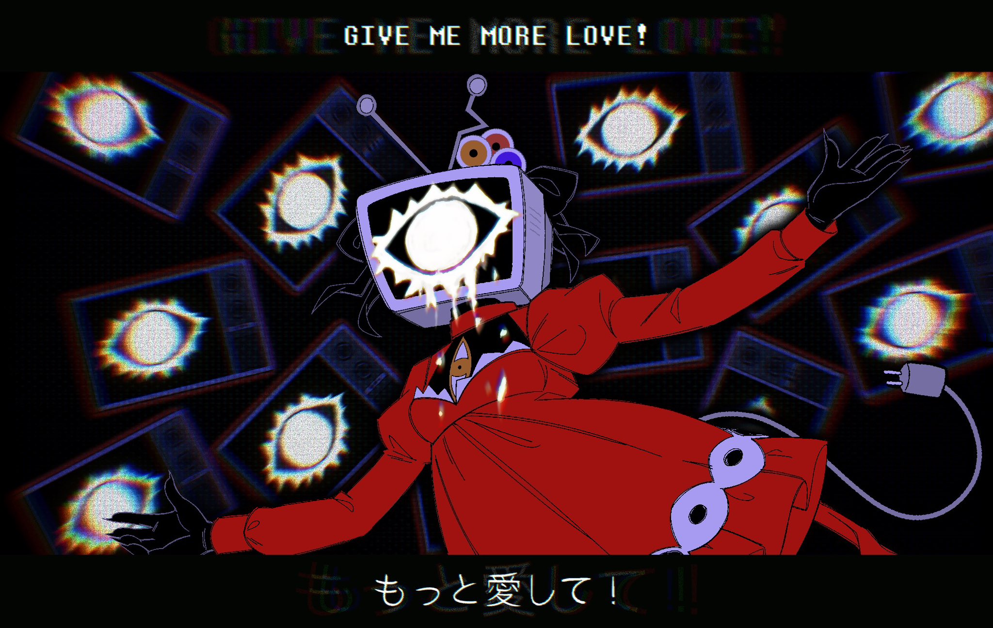 ant tenna, deltarune, psi (vocaloid), utdr (toby fox), commentary, highres, 1girl, black background, black ribbon, cable, cable tail, chromatic aberration, crt, dress, electric plug, electric plug tail, english text, eye symbol, eyeball hair ornament, fingernails, genderswap, genderswap (mtf), hair ornament, juliet sleeves, letterboxed, long sleeves, lyrics, mechanical tail, object head, puffy sleeves, purple tail, radio antenna, red dress, ribbon, sharp fingernails, solo, tail, television, wav3rr