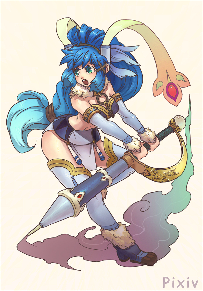 torashiro eiji, pixiv-tan, pixiv, aqua eyes, blue eyes, blue hair, pen, solo, thighhighs