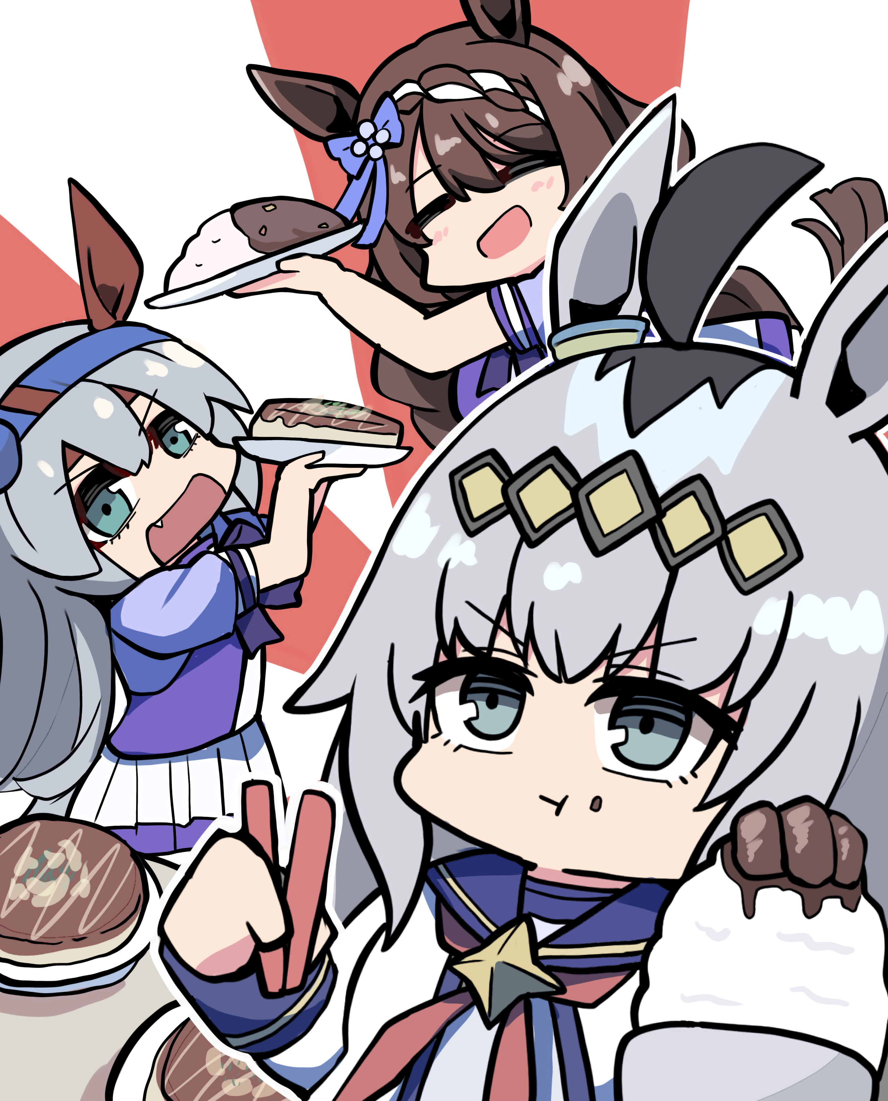 kawamochi (tddm3573), oguri cap (umamusume), super creek (umamusume), tamamo cross (umamusume), umamusume, absurdres, food request, highres, 3girls, :t, ^ ^, animal ears, black hair, blue eyes, blue hairband, blue sailor collar, bow, bowl, braid, brown hair, chibi, chopsticks, closed eyes, closed mouth, fang, food, food on face, grey hair, hair between eyes, hairband, hand up, hands up, headband, holding, holding chopsticks, holding plate, horse ears, horse girl, horse tail, long hair, long sleeves, multicolored hair, multiple girls, plate, pleated skirt, purple bow, purple skirt, red headband, rice, rice bowl, sailor collar, school uniform, shirt, skirt, sunburst, sunburst background, tail, tracen school uniform, two-tone hair, v-shaped eyebrows, very long hair, white hair, white shirt, white skirt