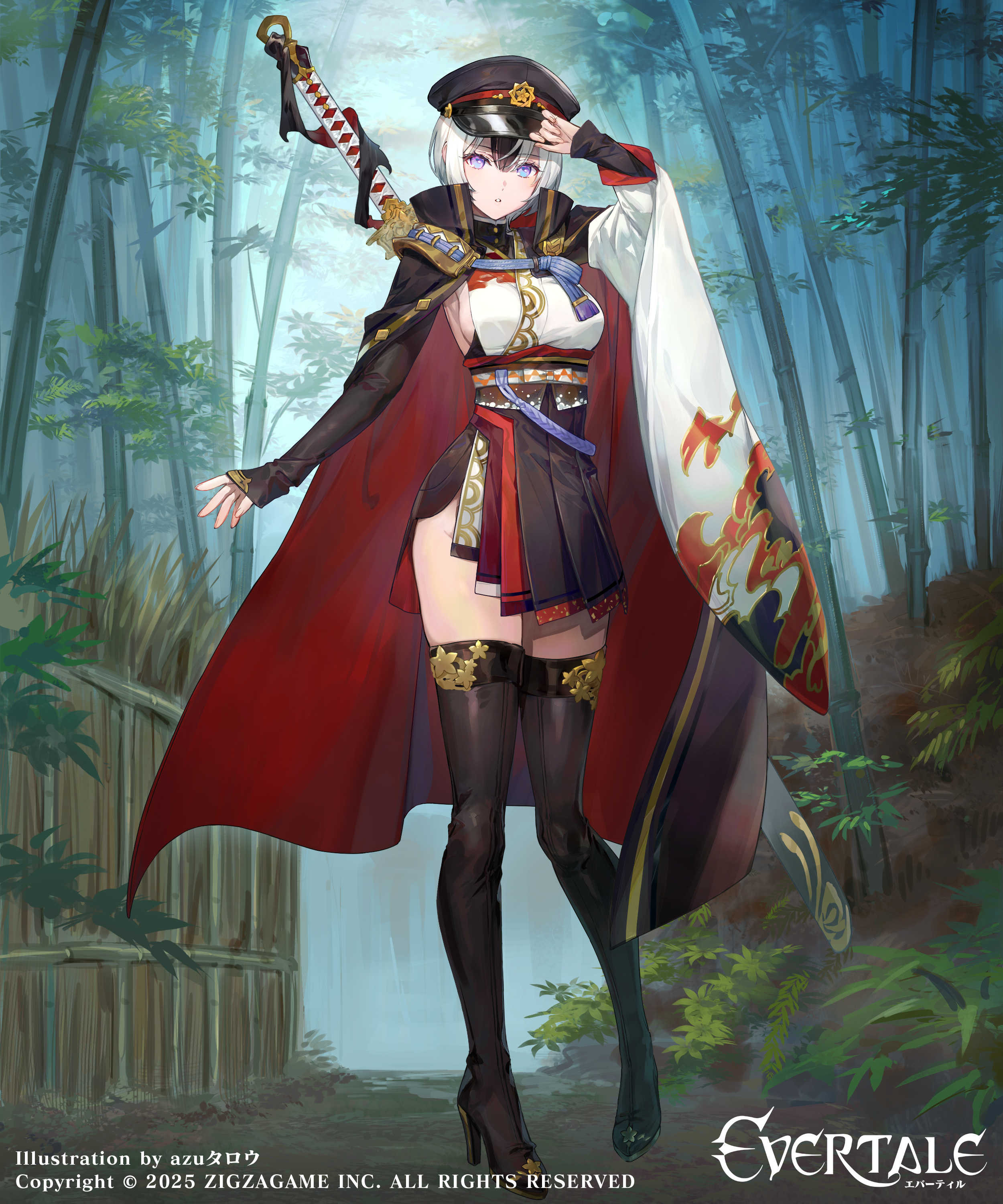 azu-taro, evertale, original, absurdres, highres, official art, bamboo, bamboo forest, black hair, blue eyes, boots, breasts, cape, forest, hat, looking at viewer, medium breasts, military hat, miniskirt, multicolored hair, nature, skirt, sword, weapon, white hair