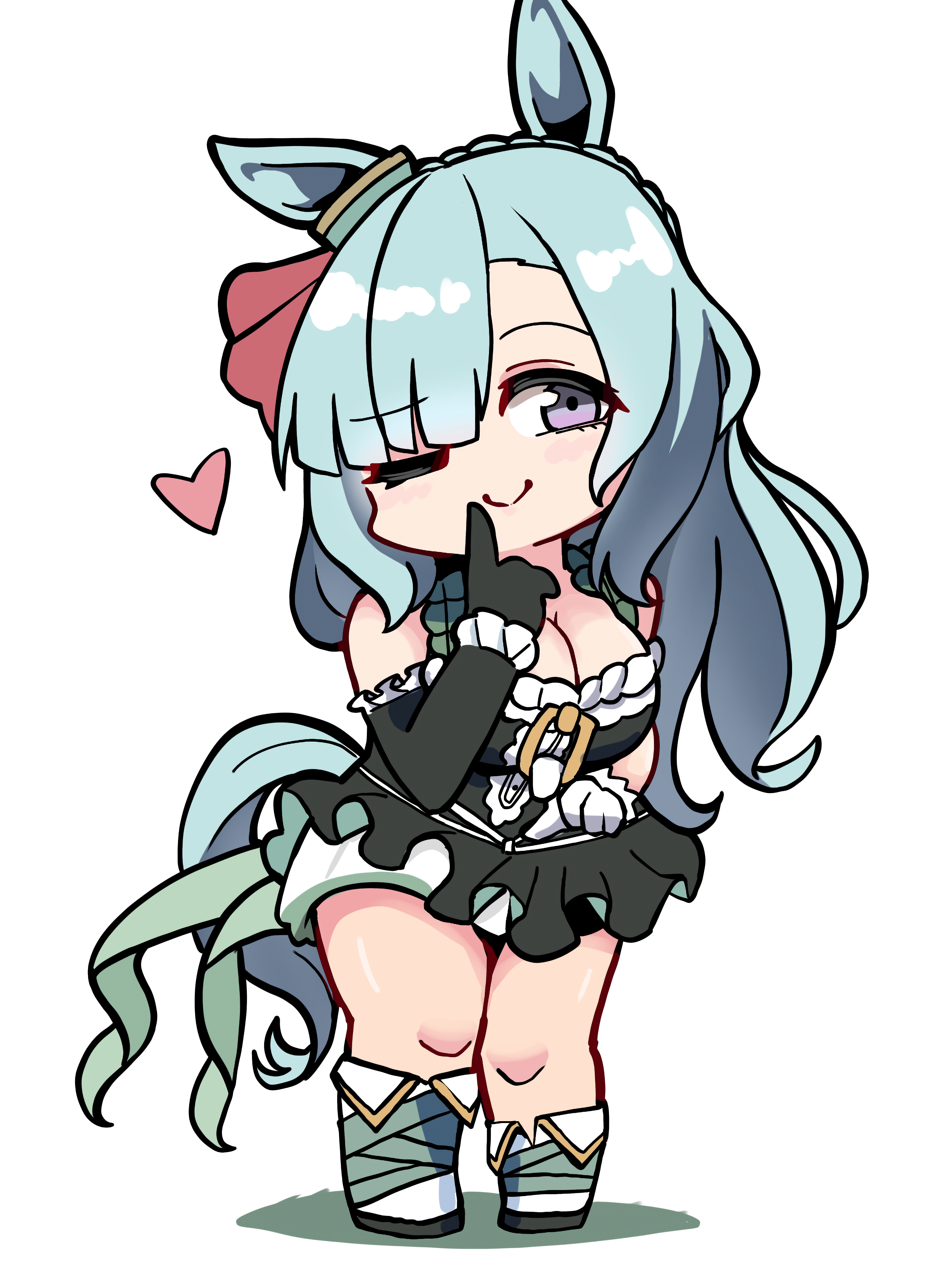 kawamochi (tddm3573), mejiro ardan (umamusume), umamusume, absurdres, highres, 1girl, ;), animal ears, asymmetrical footwear, asymmetrical gloves, bare shoulders, black dress, black gloves, blue hair, boots, breasts, chibi, cleavage, closed mouth, dress, elbow gloves, finger to mouth, fold-over boots, full body, gloves, hand up, heart, horse ears, horse girl, horse tail, large breasts, long hair, mismatched gloves, one eye closed, purple eyes, shadow, simple background, skirt, skirt under dress, smile, solo, standing, tail, very long hair, white background, white boots, white gloves, white skirt