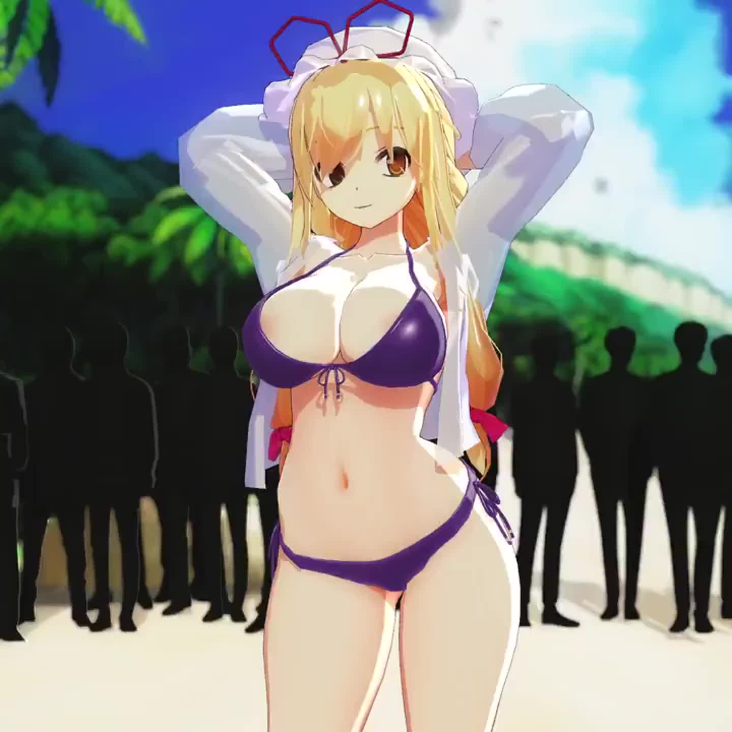 mofumoko5, yakumo yukari, touhou, animated, highres, tagme, video, 1girl, 3d, armpits, arms behind head, beach, bikini, bikini top pull, blonde hair, breasts, cleavage, crowd, front-tie bikini top, front-tie top, half-closed eyes, hat, large breasts, legs, long hair, naughty face, navel, nipple stimulation, nipple tweak, nipples, one breast out, presenting, public indecency, pulling own clothes, smile, thighs, yellow eyes