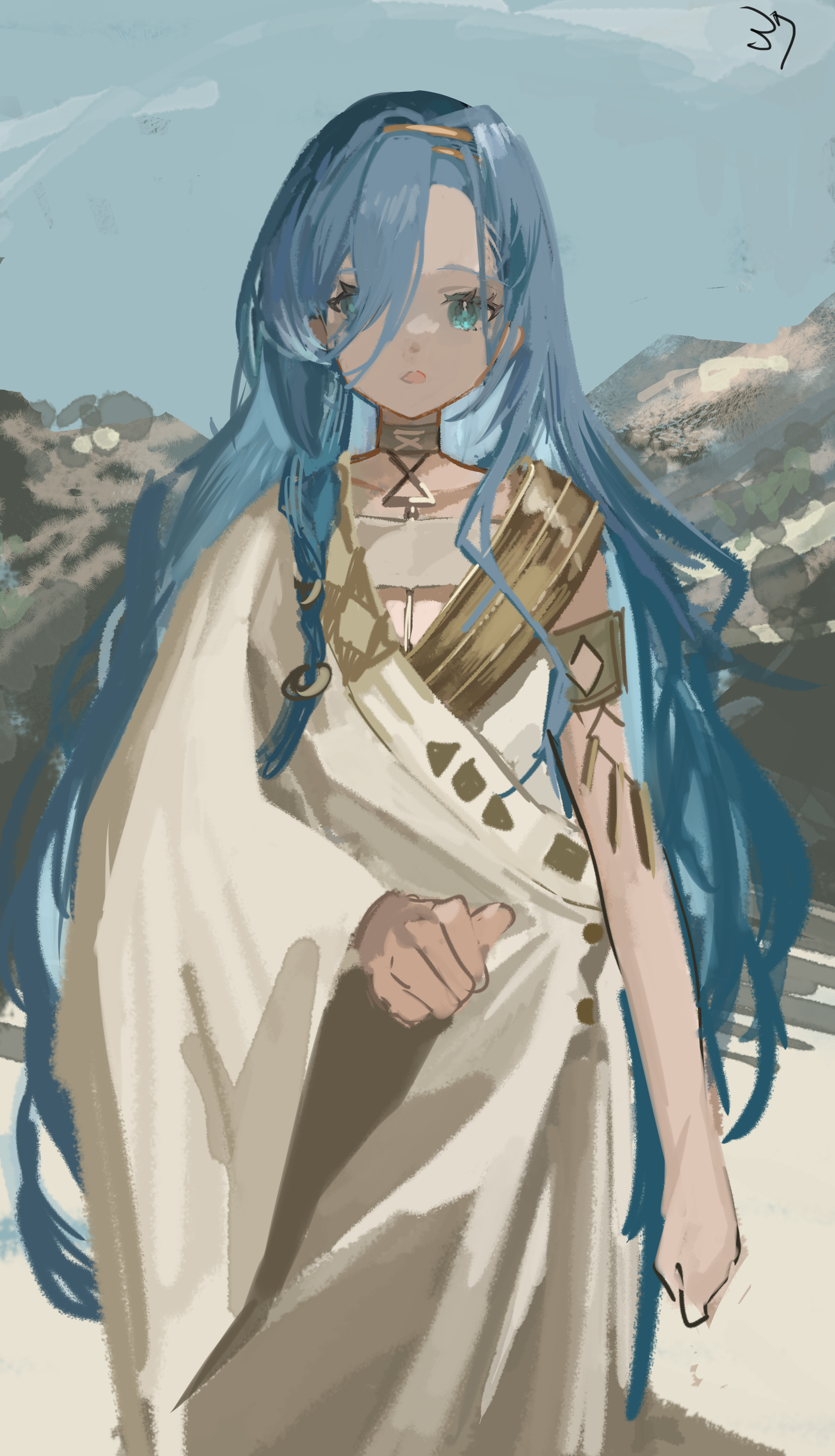 ingenkita, 37 (reverse:1999), reverse:1999, gold armlet, absurdres, commentary request, highres, 1girl, ancient greek clothes, beach, blue eyes, blue hair, blue sky, braid, chiton, clear sky, clenched hands, collarbone, cowboy shot, gold choker, gold hairband, greco-roman clothes, hair ornament, hair over one eye, hairband, himation, jewelry, long hair, looking at viewer, mountainous horizon, open mouth, outdoors, side braid, sidelocks, single braid, single sleeve, sky, solo, standing, straight-on, toga, very long hair, wide sleeves