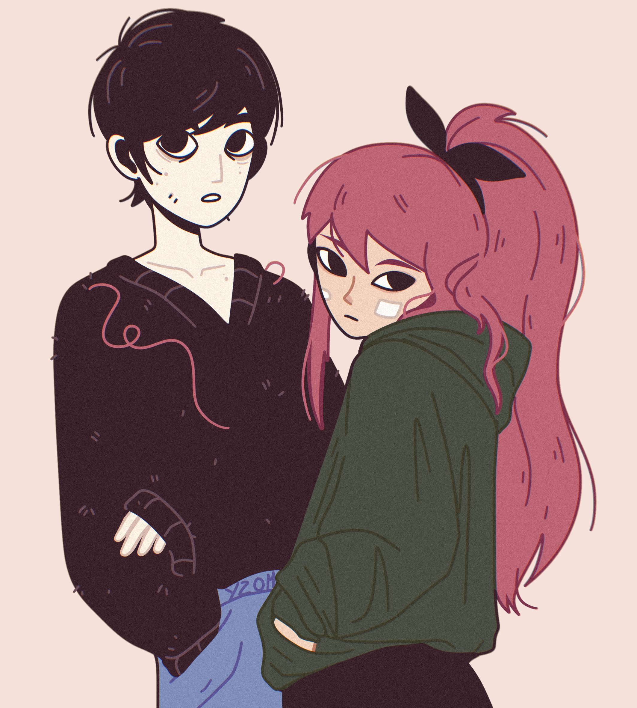 aubrey (omori), omori, highres, 1girl, black eyes, black hair, blush, long hair, omoriboy, pink hair, short hair, yzomiris