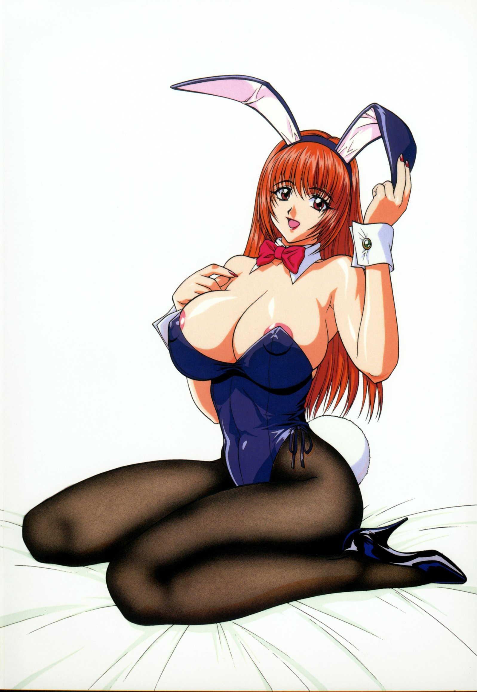 inoue takuya, highres, 1girl, animal ears, areola slip, blue shoes, bow, bowtie, breasts, cleavage, collar, corset, cuffs, curvy, detached collar, fake animal ears, female focus, full body, high heels, huge breasts, legs, long hair, long legs, nipples, one-piece swimsuit, orange hair, pantyhose, playboy bunny, pumps, rabbit ears, rabbit tail, red eyes, shoes, simple background, sitting, solo, swimsuit, tail, thick thighs, thighs, white background, wrist cuffs