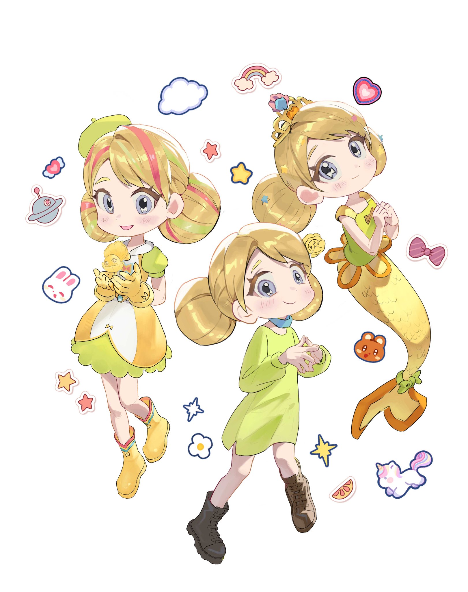 shyram (rainbow bubblegem), yellow gold (rainbow bubblegem), rainbow bubblegem, commentary request, highres, korean commentary, 1girl, beret, blonde hair, blue eyes, blush, boots, bow in eye, brown boots, clam, closed mouth, double bun, dress, dsdsdasq1234, full body, gloves, green hair, hair bun, hat, looking at viewer, magical girl, mermaid, monster girl, multicolored hair, multiple views, open mouth, own hands together, pink hair, puffy short sleeves, puffy sleeves, rainbow, short hair, short sleeves, simple background, smile, star (symbol), streaked hair, symbol in eye, tiara, unicorn, white background, yellow boots, yellow dress, yellow gloves, yellow hat