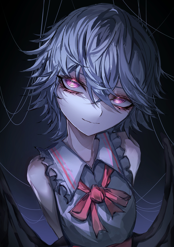 33 gaff, remilia scarlet, touhou, commentary request, 1girl, bare shoulders, bat wings, blue hair, bow, collared shirt, dark background, frilled shirt collar, frills, hair between eyes, red bow, red eyes, shirt, short hair, sleeveless, sleeveless shirt, solo, upper body, wings