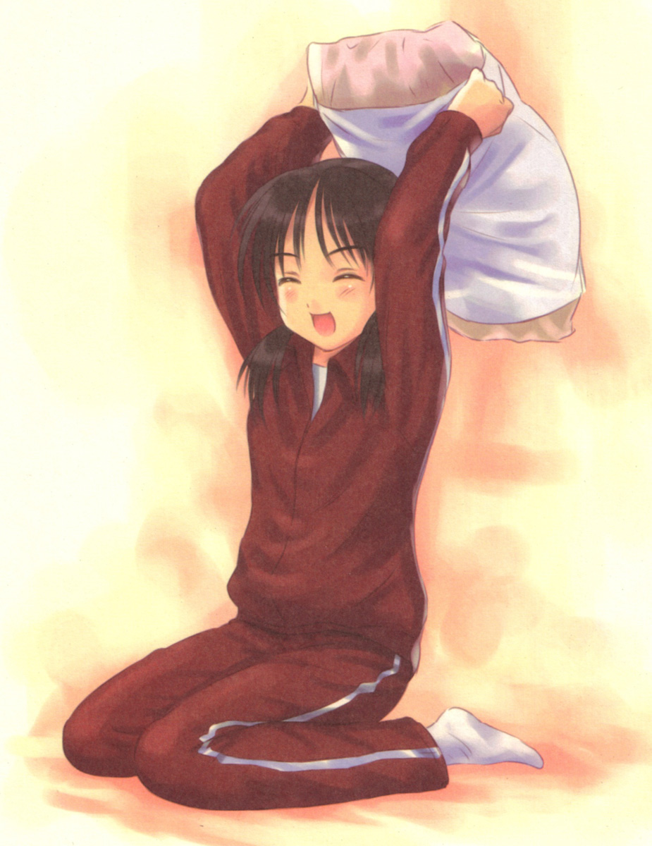 goto p, nagomi hiyori, highres, arms up, black hair, blush, closed eyes, pillow, pillow fight, short twintails, socks, solo, track suit, twintails