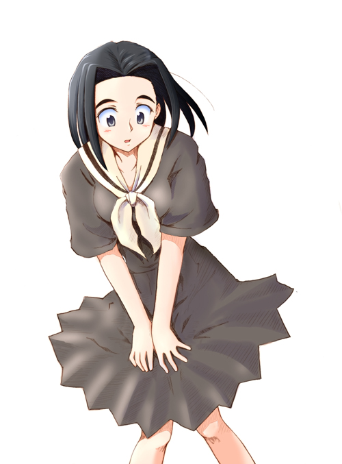 sasaki akira (ugc), arima nana, maria-sama ga miteru, 00s, 1girl, black hair, blush, covering crotch, covering privates, dress, female focus, grey eyes, looking down, school uniform, serafuku, short hair, solo