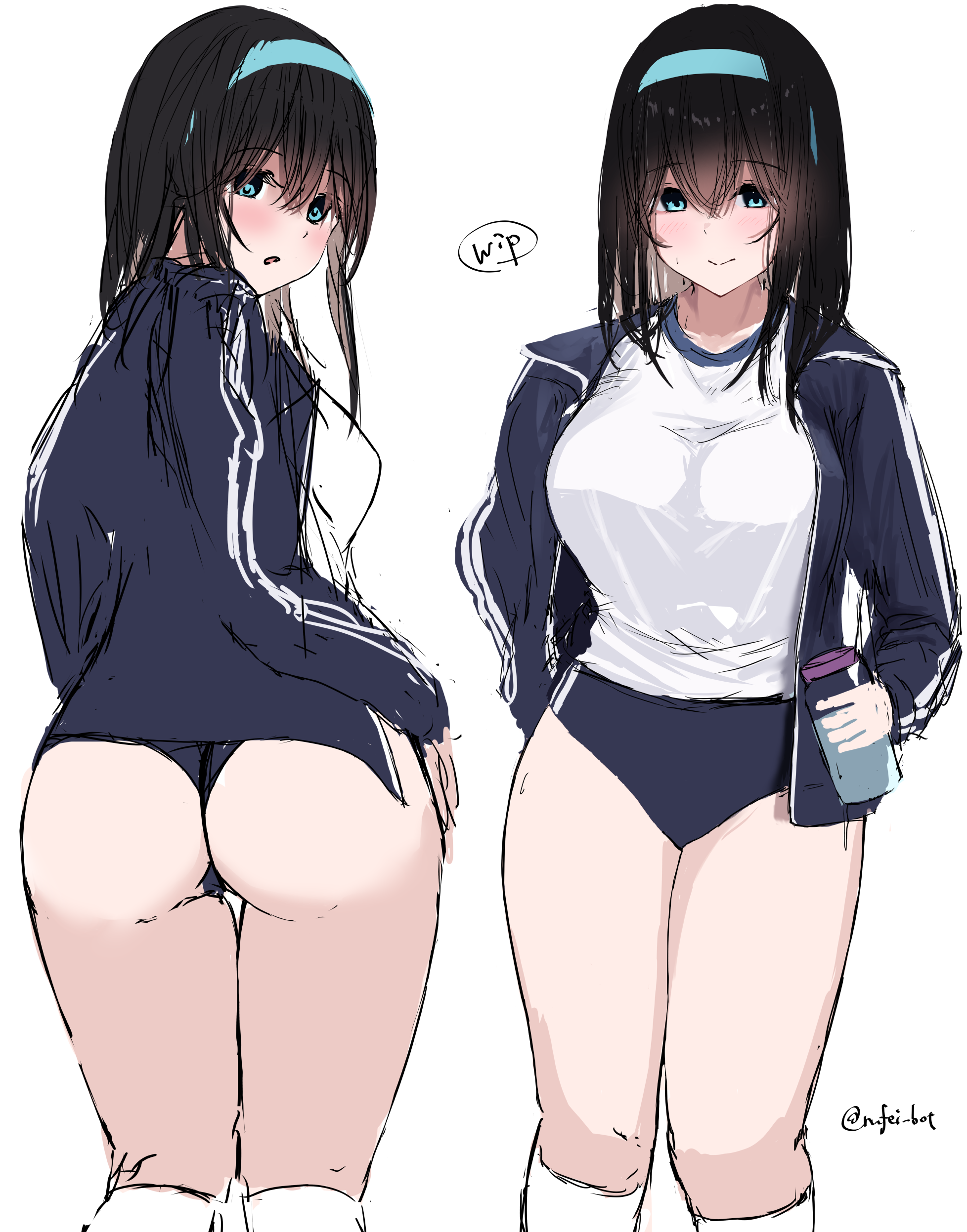 rufei bot, sagisawa fumika, idolmaster, idolmaster cinderella girls, absurdres, commentary request, highres, 1girl, ass, black hair, blue buruma, blue eyes, blue jacket, blush, buruma, double vertical stripe, gym shirt, hair between eyes, hairband, jacket, long hair, multiple views, shirt, sidelocks, simple background, sketch, smile, socks, standing, thighs, track jacket, white background, white shirt, white socks