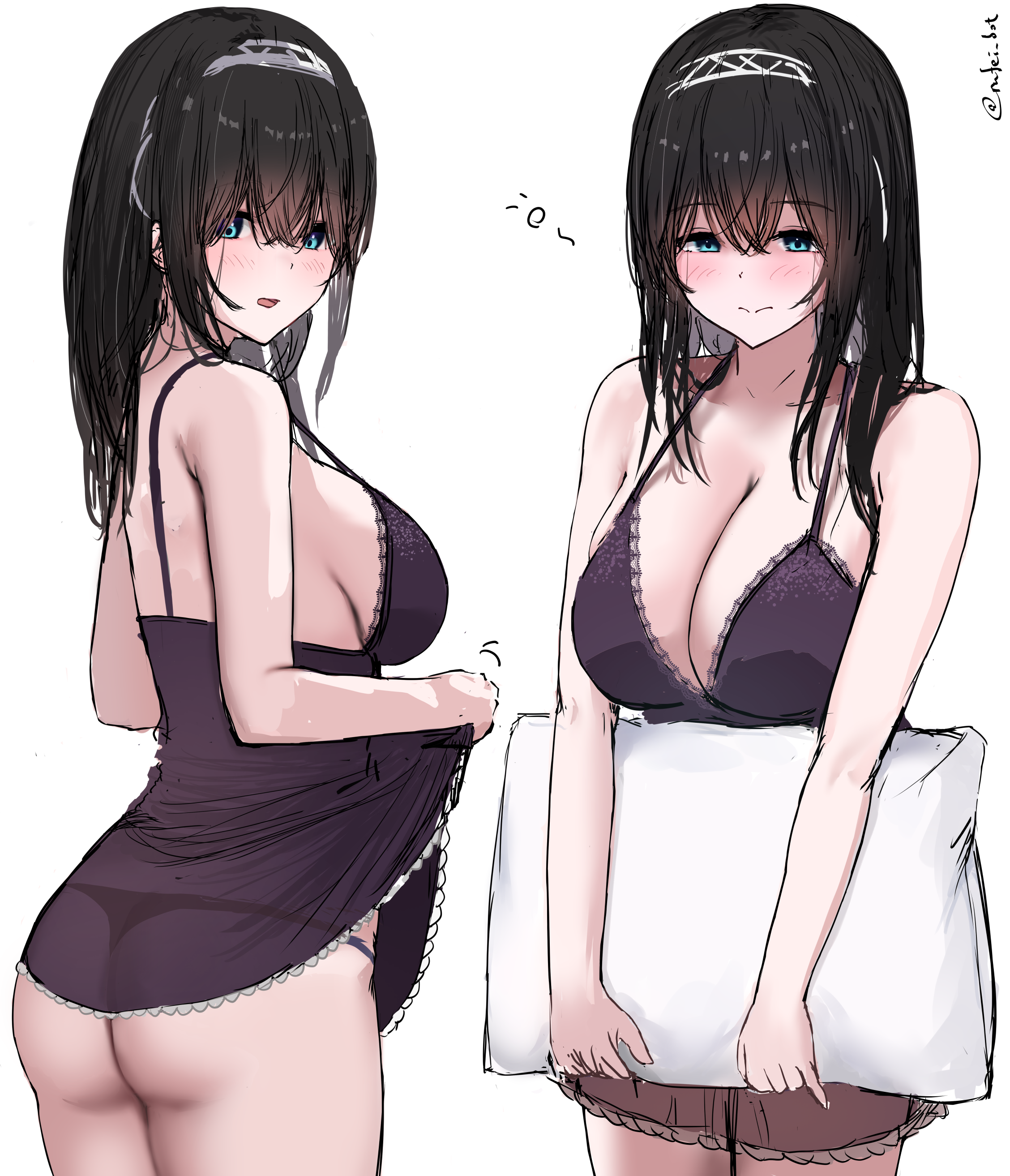 rufei bot, sagisawa fumika, idolmaster, idolmaster cinderella girls, absurdres, commentary request, highres, 1girl, ass, babydoll, babydoll lift, black hair, black panties, blue eyes, blush, breasts, closed mouth, hair between eyes, hairband, long hair, looking at viewer, open mouth, panties, pillow, purple babydoll, sideboob, sidelocks, simple background, standing, underwear, white background