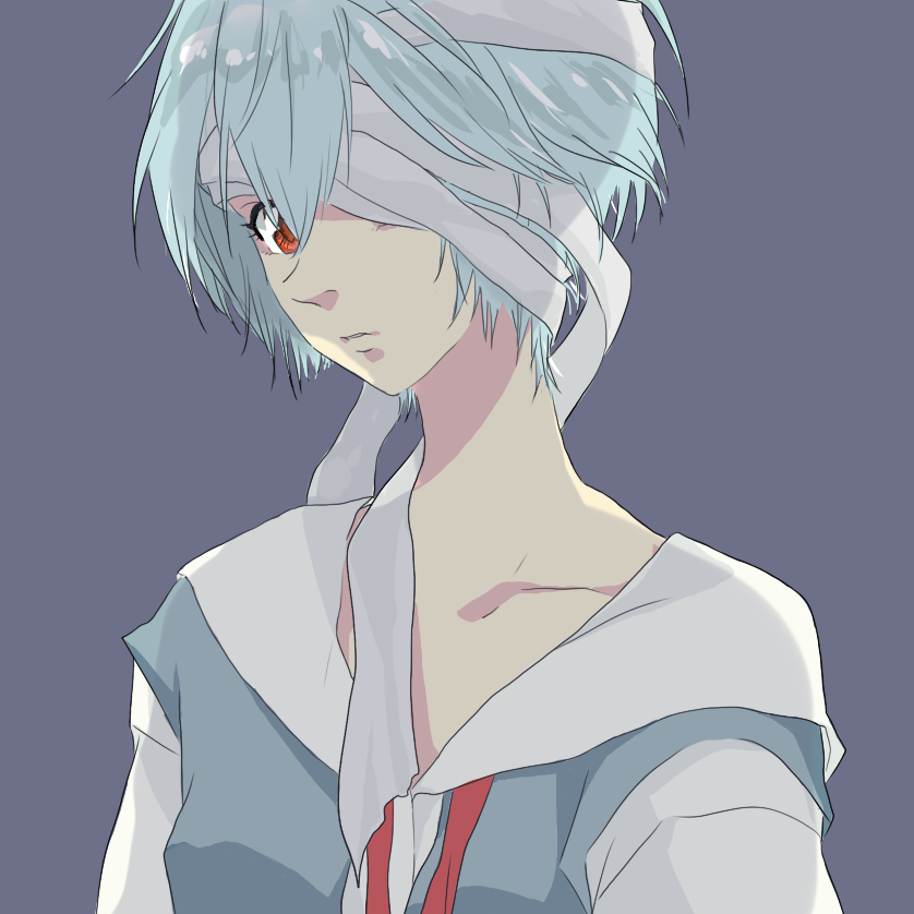 kamerow, ayanami rei, neon genesis evangelion, bad id, bad pixiv id, 1girl, bandages, blue hair, female focus, grey background, kegadoru, red eyes, school uniform, serafuku, short hair, simple background, solo, upper body