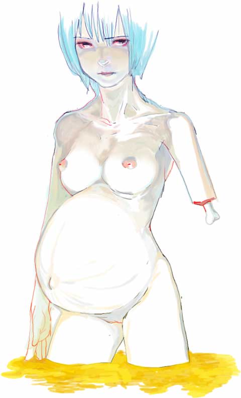 ayanami rei, neon genesis evangelion, 1girl, amputee, blood, blue hair, bone, breasts, completely nude, ero guro, female focus, guro, injury, lcl, medium breasts, nipples, nude, pale skin, pregnant, red eyes, short hair, solo