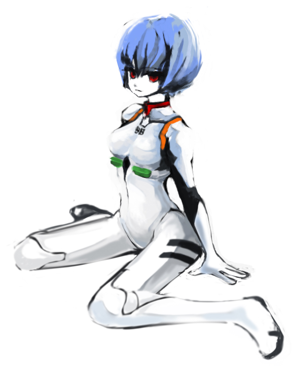ayanami rei, neon genesis evangelion, blue hair, mecha pilot suit, pale skin, plugsuit (evangelion), red eyes, short hair, solo