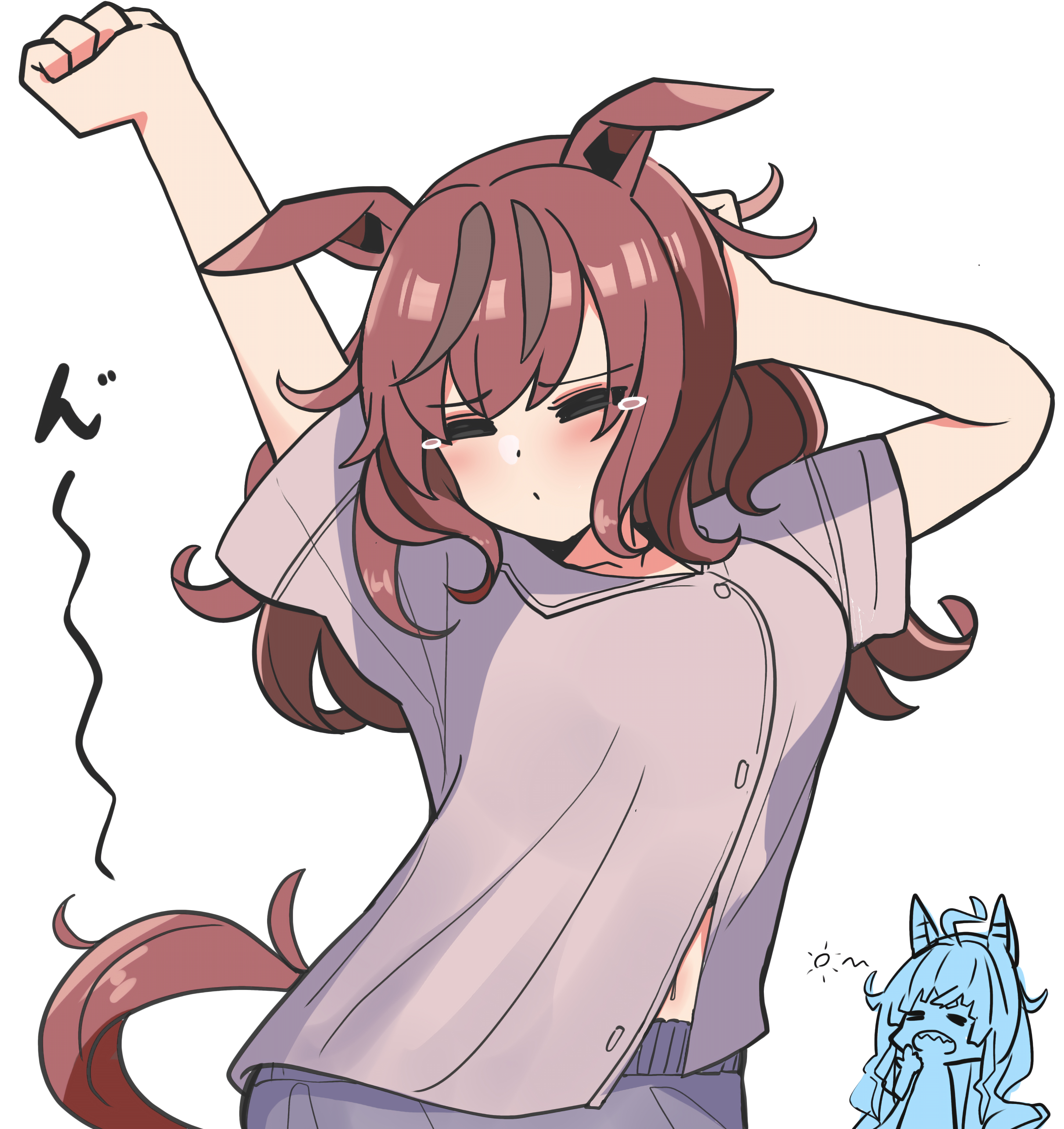 kawamochi (tddm3573), nice nature (umamusume), twin turbo (umamusume), umamusume, absurdres, highres, translation request, 2girls, ahoge, animal ears, arms up, breasts, brown hair, brown shirt, closed eyes, closed mouth, collared shirt, dress shirt, grey pants, hair down, horse ears, horse girl, horse tail, long hair, medium breasts, messy hair, multiple girls, navel, open mouth, pants, sharp teeth, shirt, short sleeves, simple background, solo focus, stretching, tail, tears, teeth, very long hair, white background, yawning