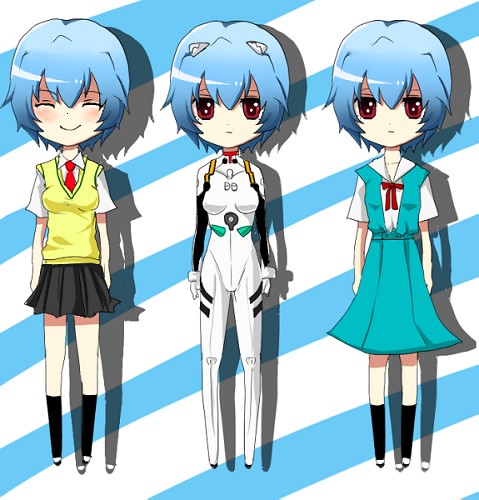 ayanami rei, neon genesis evangelion, lowres, 1girl, blue hair, female focus, full body, mecha pilot suit, multiple views, plugsuit (evangelion), red eyes, school uniform, serafuku, short hair, smile, standing