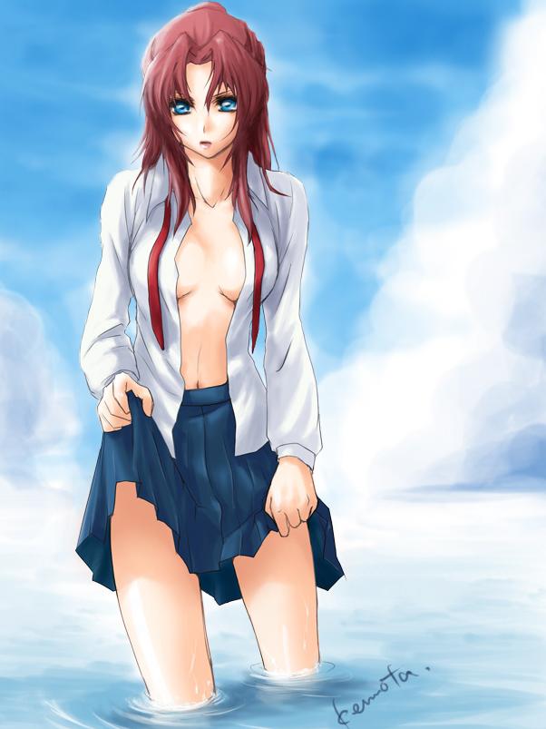 flay allster, gundam, gundam seed, untied, 00s, 1girl, :o, blue eyes, breasts, cleavage, clothes lift, cloud, day, female focus, long hair, looking at viewer, medium breasts, midriff, navel, necktie, no bra, open clothes, open mouth, open shirt, outdoors, parted bangs, pleated skirt, ponytail, red hair, shadow, shirt, signature, skirt, skirt lift, sky, solo, standing, thighs, undressing, wading, water, wet, white shirt