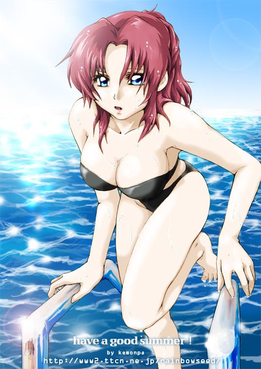 flay allster, gundam, gundam seed, 00s, 1girl, bikini, black bikini, blue eyes, breasts, cleavage, feet, female focus, leaning forward, medium breasts, ponytail, red hair, solo, swimsuit, water, wet