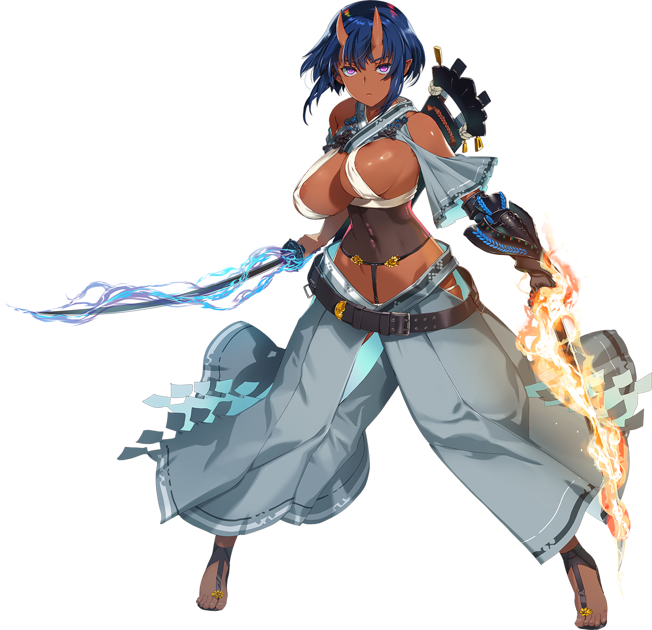 orion (orionproject), choukou (alicesoft), choukou taisen escalation heroines, highres, official art, 1girl, areola slip, blue hair, breasts, cleavage, covered erect nipples, dark-skinned female, dark skin, holding, holding sword, holding weapon, horns, kijindani haatan, large breasts, looking at viewer, oni, purple eyes, short hair, solo, sword, tachi-e, weapon