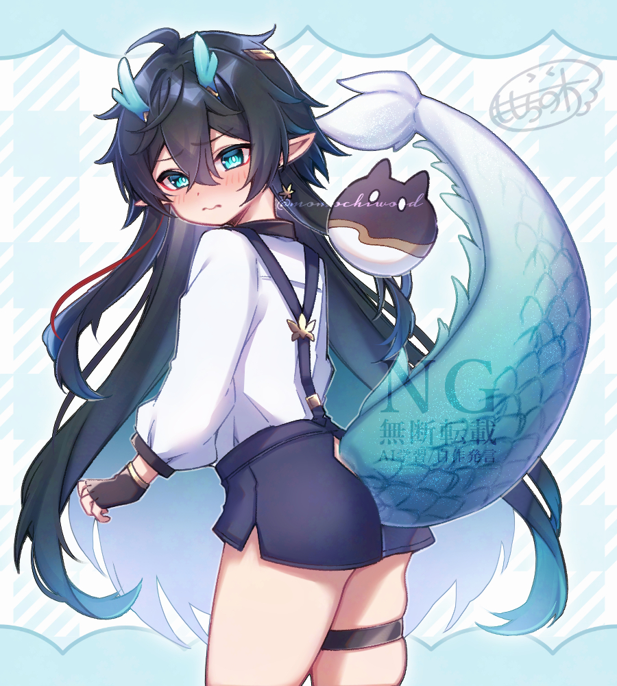 momochiwood, dan heng (honkai: star rail), honkai: star rail, honkai (series), 1boy, aged down, aqua background, aqua eyes, aqua hair, aqua horns, artist name, ass, ass cutout, black hair, black hands, black shorts, black suspenders, blush, clothing cutout, collared shirt, colored extremities, cowboy shot, dragon boy, dragon horns, dragon tail, fingerless gloves, gloves, horns, large tail, long hair, long sleeves, looking at viewer, looking back, lotus earrings, male focus, multicolored hair, plaid background, pointy ears, shirt, short shorts, shorts, side slit, side slit shorts, signature, skindentation, solo, standing, streaked hair, tail, thigh strap, trap, two-tone hair, very long hair, watermark, white shirt