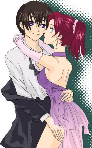 flay allster, kira yamato, gundam, gundam seed, hand on ass, 00s, 1boy, 1girl, ass, brown hair, couple, dress, earrings, elbow gloves, gloves, hetero, hug, imminent kiss, jewelry, looking back, ponytail, red hair