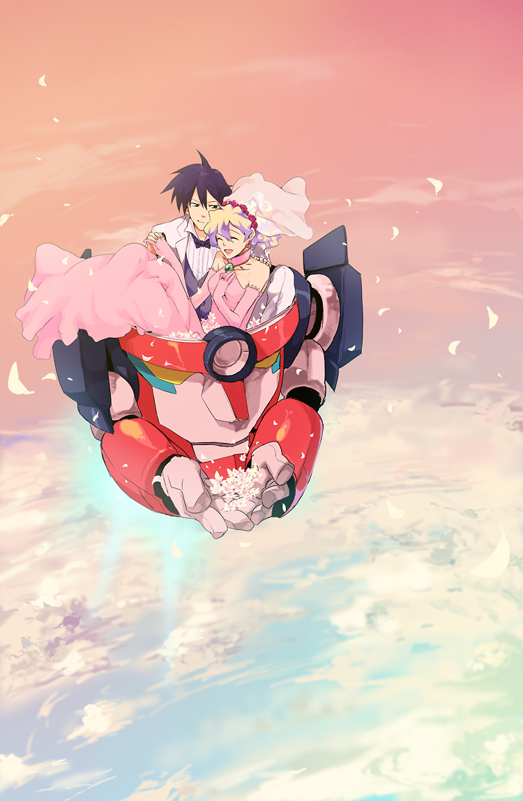 zukki (suzukio), nia teppelin, simon (ttgl), tengen toppa gurren lagann, 00s, 1boy, 1girl, bridal veil, bride, couple, dress, good end, hetero, husband and wife, mecha, robot, tuxedo, veil, wedding, wedding dress