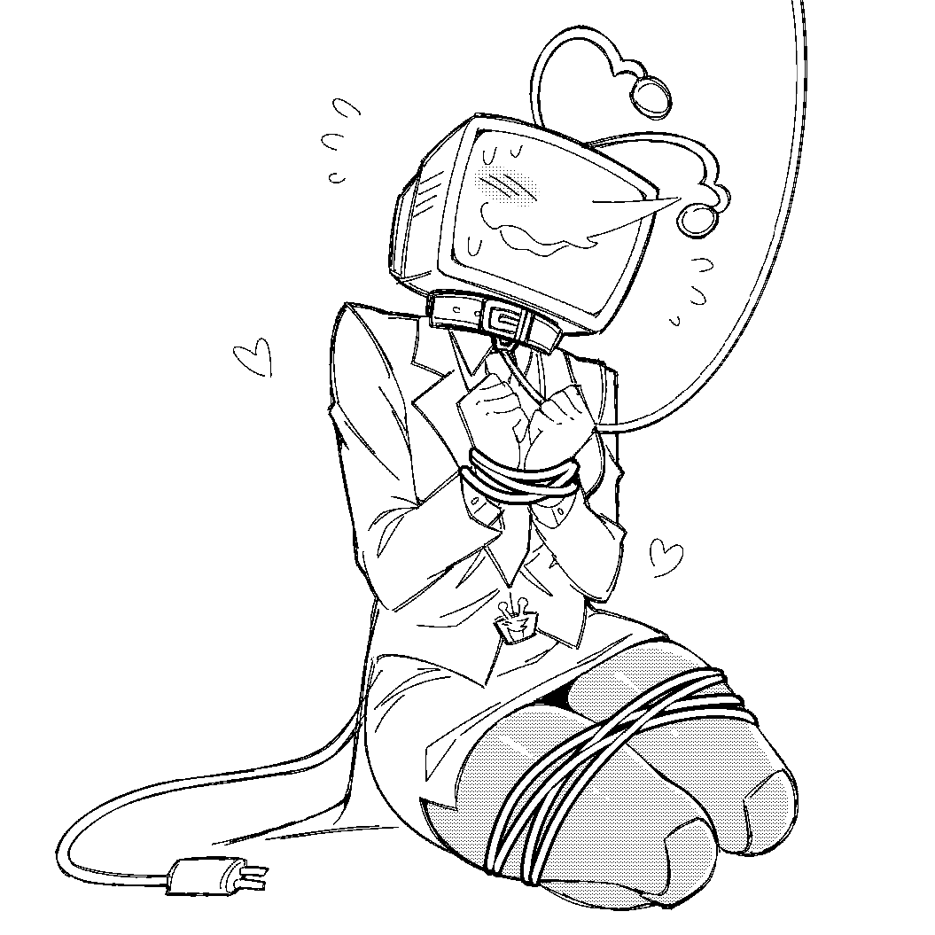 ant tenna, deltarune, utdr (toby fox), commentary, english commentary, 1girl, bdsm, belt collar, blush, bondage, bound, clothed robot, collar, crt, electric plug, electric plug tail, flying sweatdrops, full body, genderswap, genderswap (mtf), greyscale, heart, humanoid robot, leash, long nose, monochrome, necktie, object head, pointy nose, radio antenna, robot, simple background, skirt, solo, sweat, tail, tailcoat, wav3rr