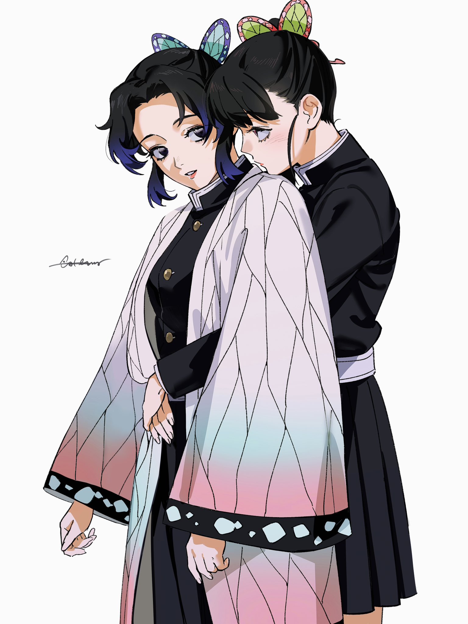 roru (lol dessin), kochou kanae, kochou shinobu, kimetsu no yaiba, highres, 2girls, animal print, artist name, bug, butterfly, butterfly hair ornament, butterfly print, demon slayer uniform, hair ornament, haori, hug, insect, japanese clothes, multiple girls, siblings, signature, sisters