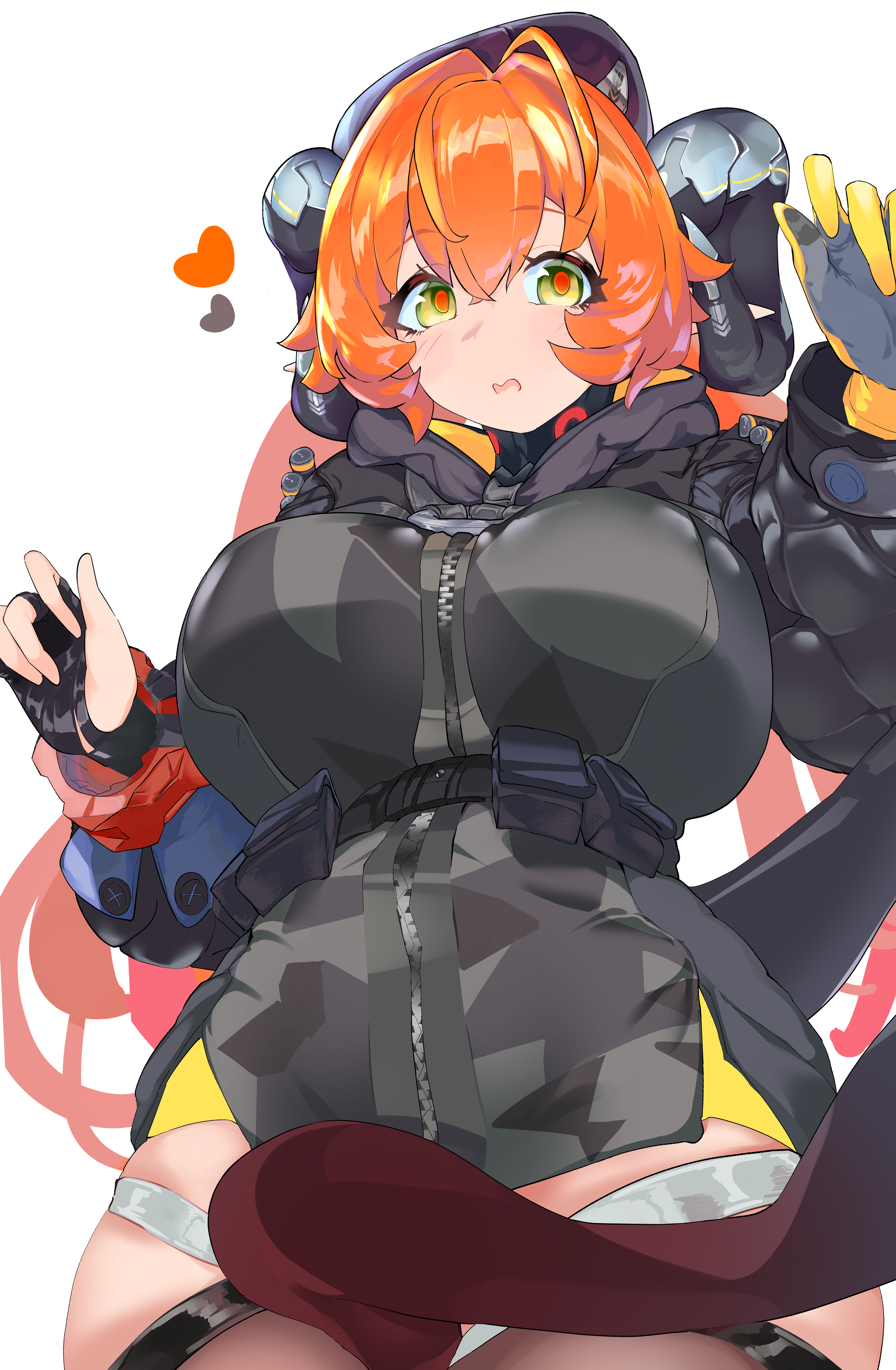 orphie magnusson, zenless zone zero, absurdres, highres, 2girls, alcian aoao, black hat, black shrug, blush, breasts, fingerless gloves, gloves, goat horns, green eyes, hat, heart, horns, large breasts, long hair, looking at viewer, multiple girls, orange hair, shrug (clothing), twintails, yellow gloves