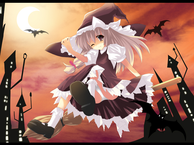 kurume shou, kirisame marisa, touhou, bad id, bad pixiv id, 1girl, blonde hair, broom, broom riding, female focus, flying, hat, letterboxed, long hair, one eye closed, panties, ribbon, solo, underwear, wink