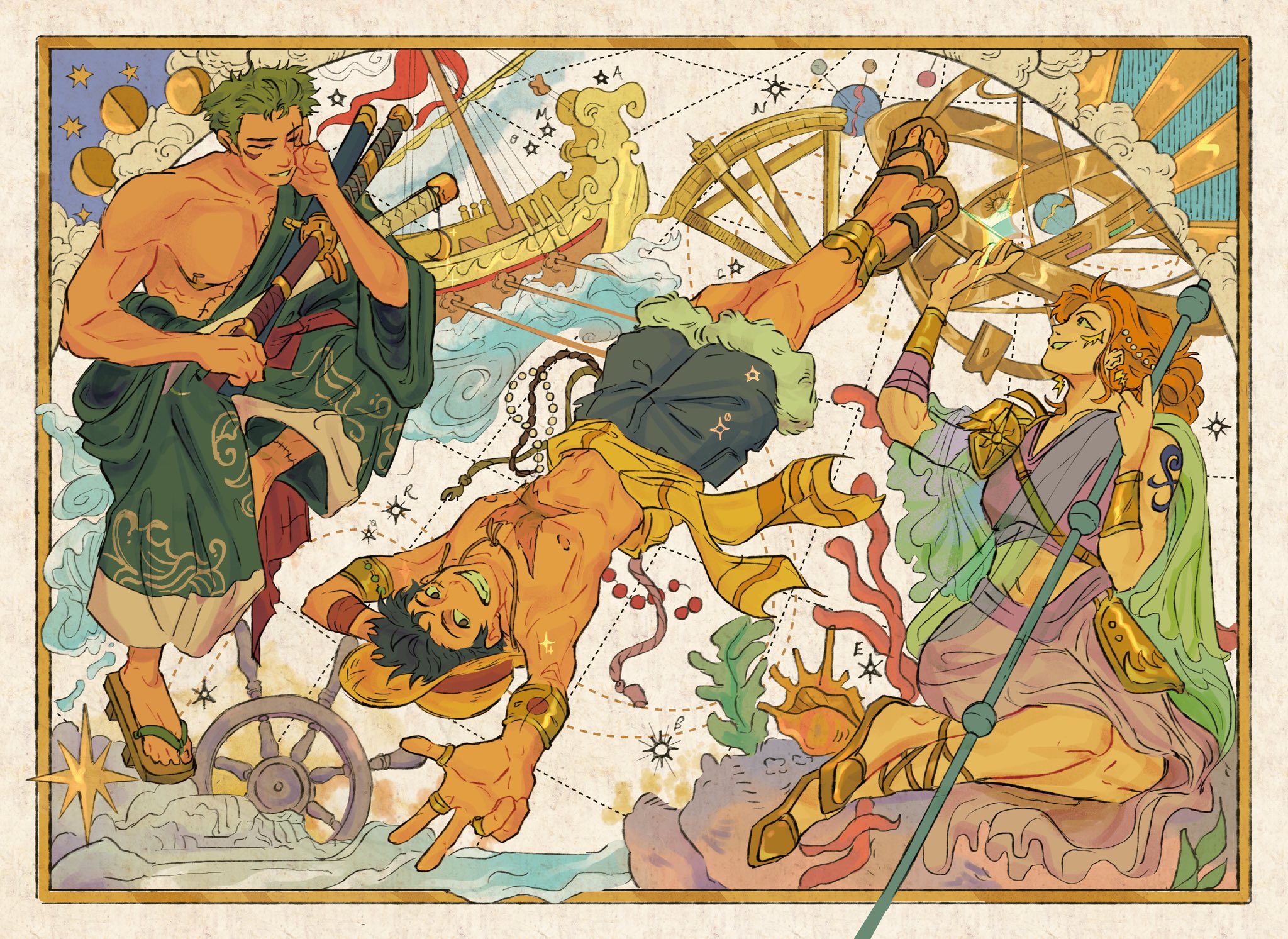 frances (t0birooo), monkey d. luffy, nami (one piece), roronoa zoro, one piece, commentary, english commentary, highres, 1girl, 2boys, alternate costume, black hair, blue shorts, bracelet, clima-tact, cross scar, full body, fur-trimmed shorts, fur trim, green hair, grin, hat, holding, holding staff, japanese clothes, jewelry, katana, looking up, midriff, moon phases, multiple boys, multiple swords, navel, orange hair, pirate ship, planet, sandals, sash, scar, scar on chest, seashell, see-through clothes, sheath, sheathed, shell, shorts, shoulder tattoo, single bare shoulder, smile, sparkle, staff, star (symbol), straw hat, straw hat pirates, sword, tattoo, topless male, upside-down, v, water, weapon, yellow sash