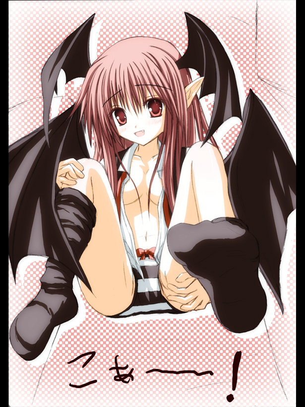 shitsuki nagi, koakuma, embodiment of scarlet devil, touhou, 1girl, feet, female focus, head wings, long hair, panties, red hair, socks, solo, striped clothes, striped panties, underwear, wings