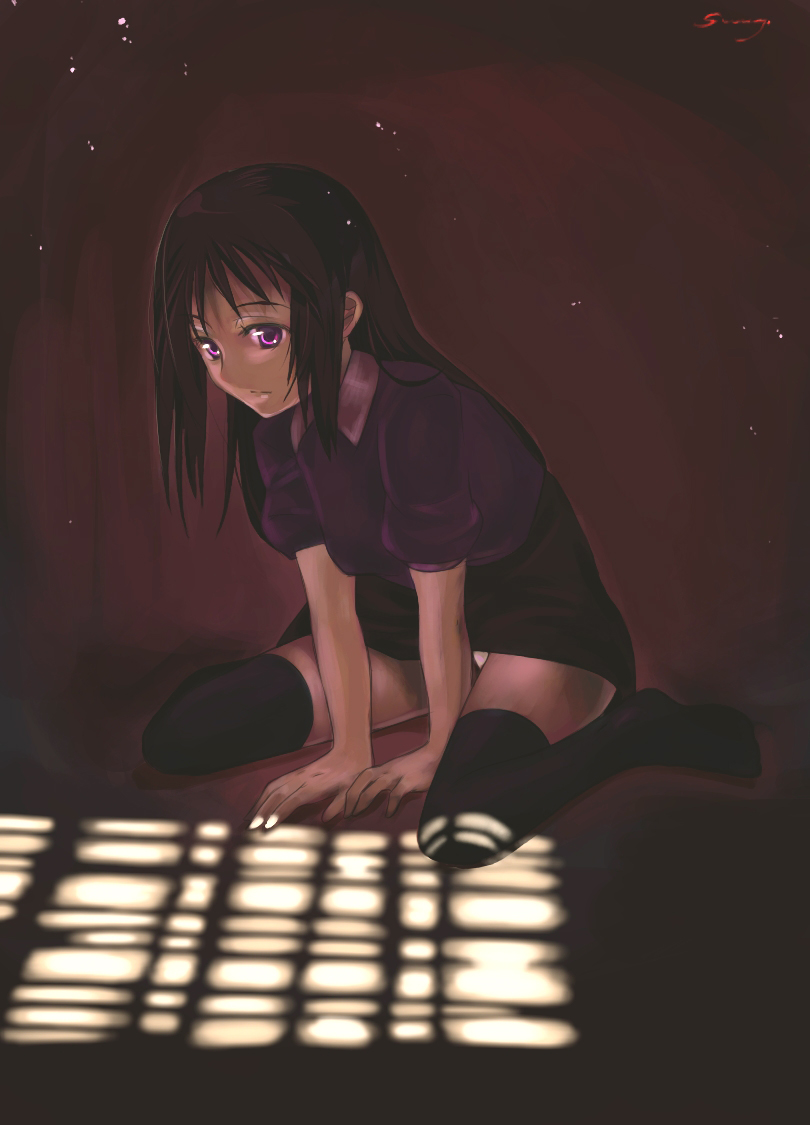 sunway, ryougi mana, kara no kyoukai, brown hair, long hair, panties, purple eyes, sitting, solo, thighhighs, underwear