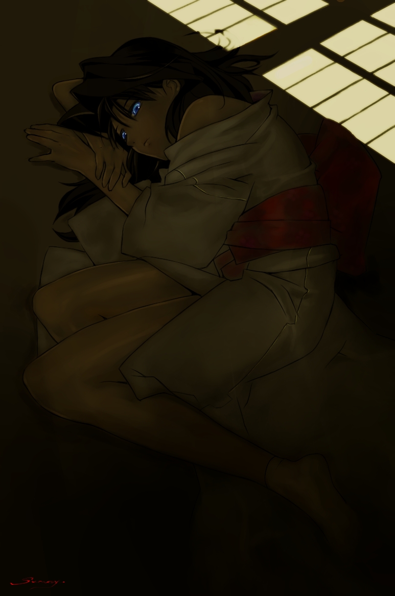 sunway, ryougi shiki, kara no kyoukai, bad id, bad pixiv id, blue eyes, brown hair, dark, japanese clothes, kimono, lying, solo