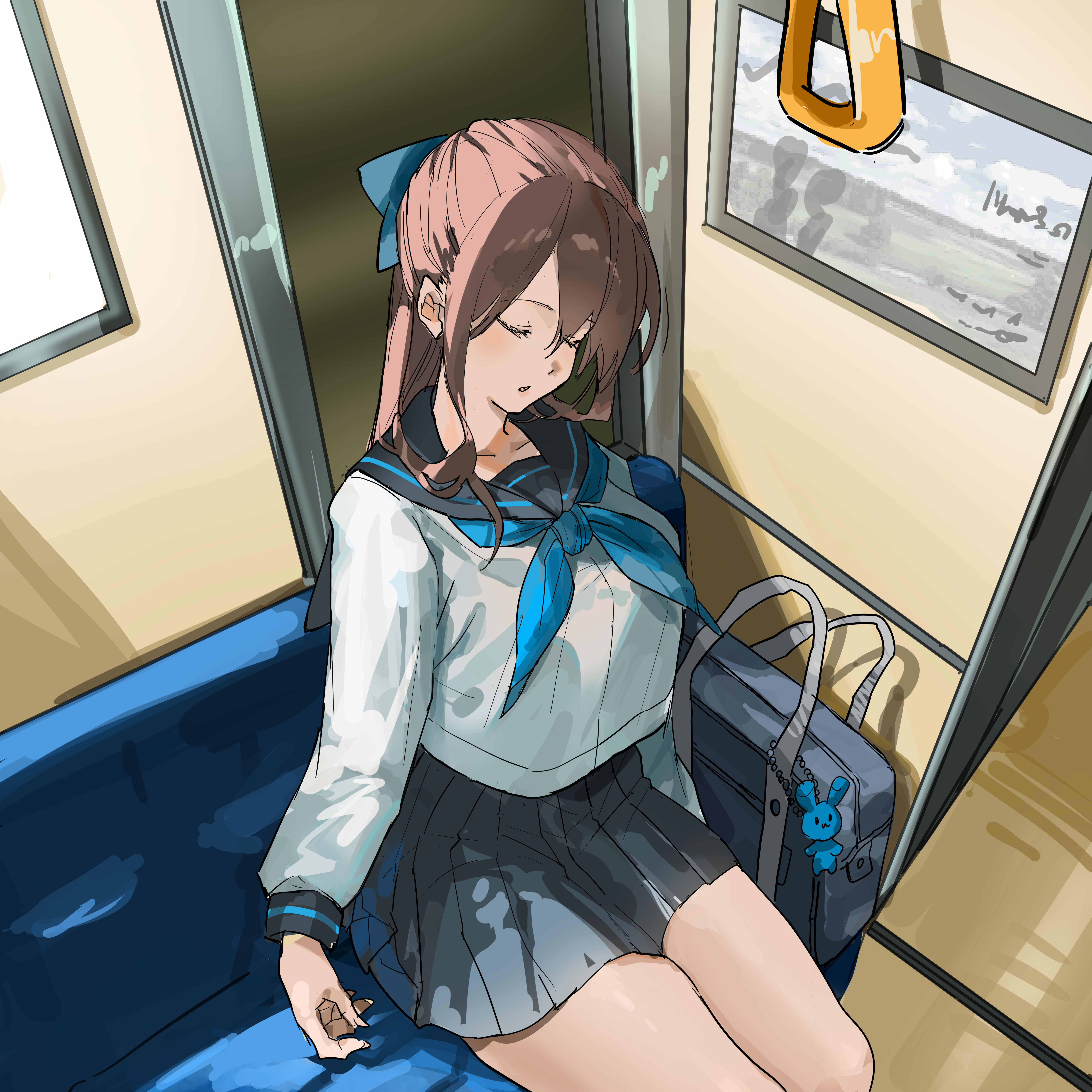 ingenkita, original, absurdres, commentary request, highres, 1girl, bag, black sailor collar, black skirt, blue neckerchief, breasts, brown hair, closed eyes, collarbone, cowboy shot, hair between eyes, hand grip, indoors, large breasts, legs together, long sleeves, miniskirt, neckerchief, parted lips, picture frame, pleated skirt, sailor collar, school bag, school uniform, shirt, shirt overhang, sidelocks, sitting, skirt, sleeping, sleeping upright, solo, stuffed animal, stuffed rabbit, stuffed toy, train interior, white shirt, window