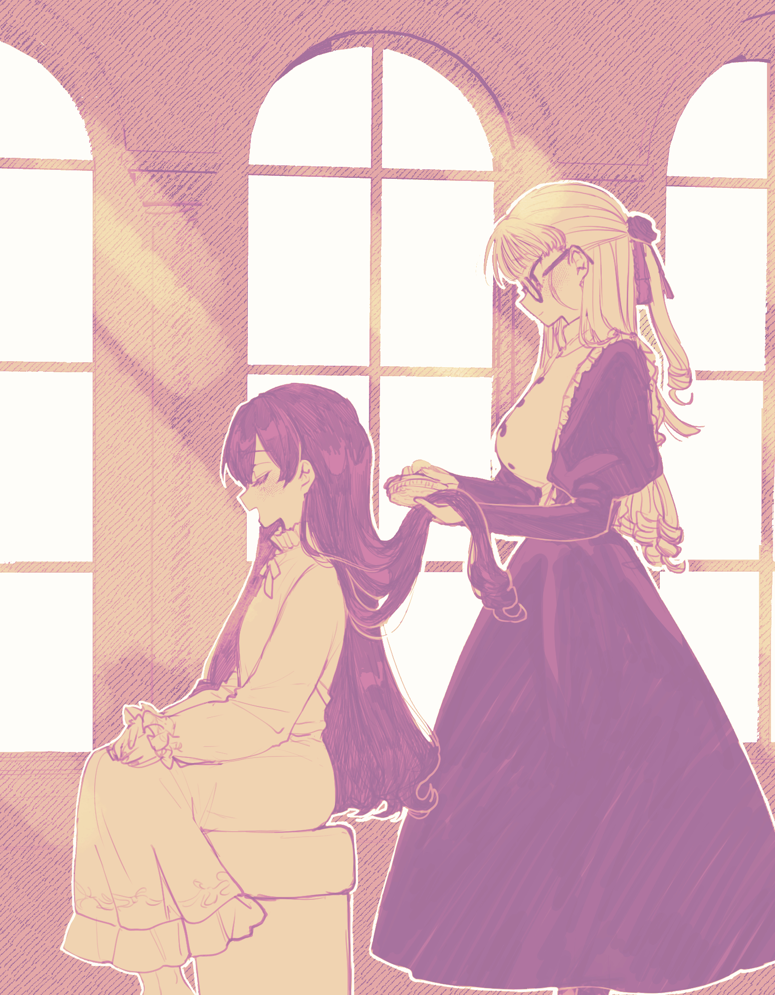 eurasia (wtp09ptw14), original, commentary request, highres, 2girls, black dress, black hair, breasts, brushing another's hair, brushing hair, closed mouth, cowboy shot, dress, glasses, holding another's hair, indoors, large breasts, limited palette, long hair, long sleeves, looking at another, multiple girls, open mouth, parted bangs, sitting, sketch, smile, white dress, white hair, window, window light