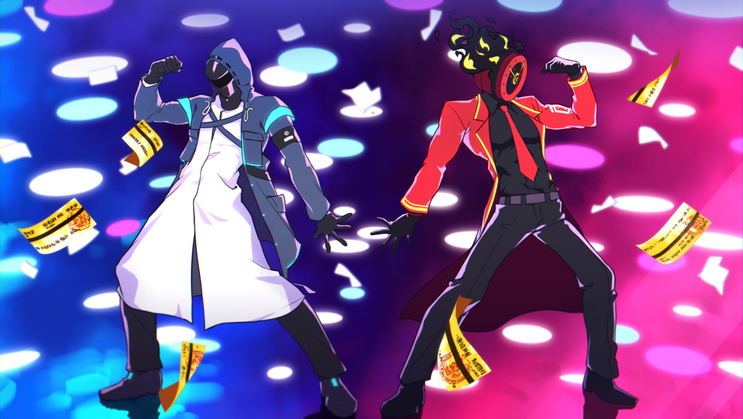 rmenssari, dante (limbus company), doctor (arknights), arknights, limbus company, project moon, highres, 2others, ambiguous gender, black gloves, black pants, black shirt, black shoes, blue jacket, clock, coat, collared shirt, gloves, hood, hooded jacket, jacket, mask, multiple others, necktie, object head, open clothes, open jacket, pants, red jacket, red necktie, shirt, shoes, white coat