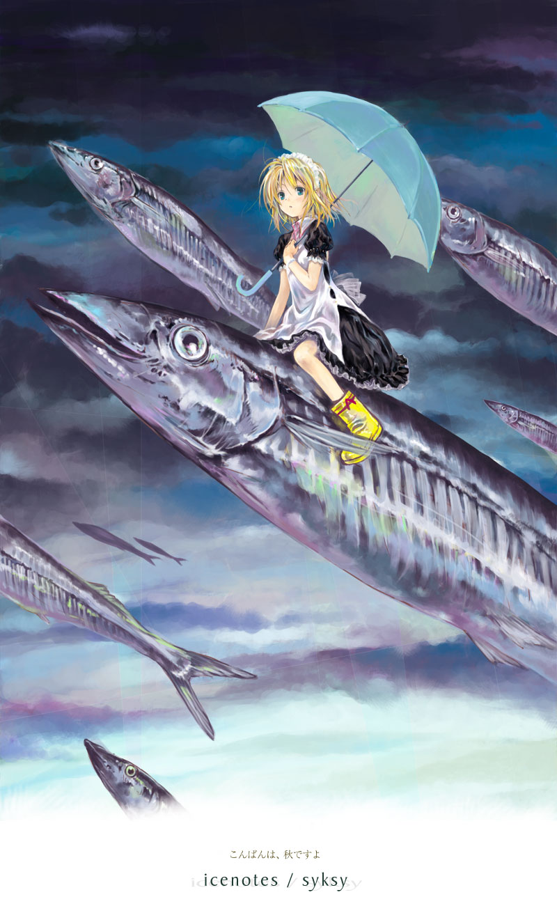 otohiko takano, takano otohiko, original, highres, 1girl, boots, female focus, fish, flying fish, maid, solo, umbrella, yellow boots