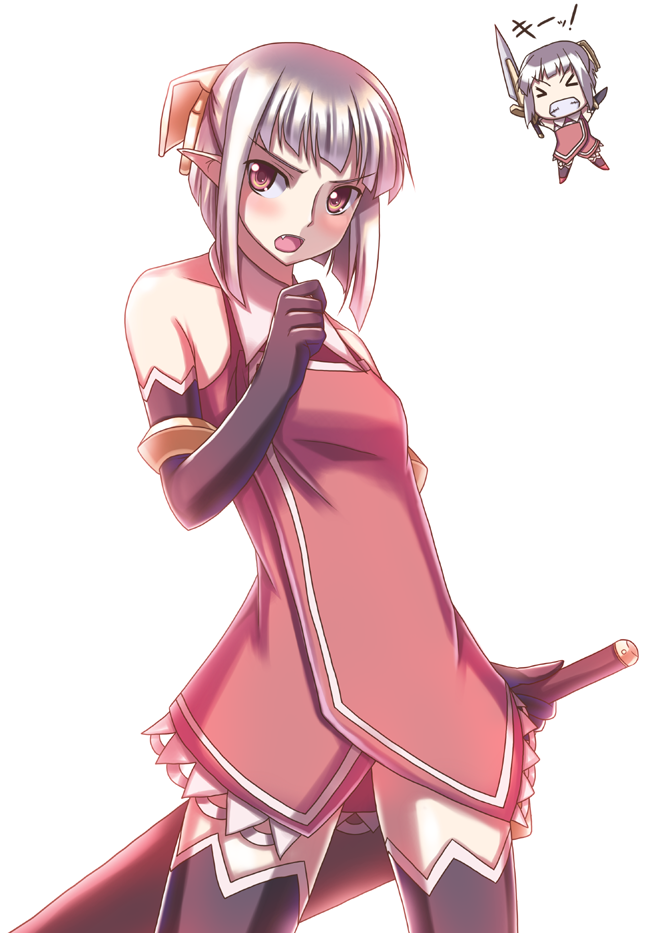 akiyasu, original, > <, 1girl, blush, bow, chibi, closed eyes, elbow gloves, fantasy, female focus, gloves, open mouth, pointy ears, purple hair, red eyes, short hair, simple background, solo, sword, thighhighs, touhuya, weapon, white background
