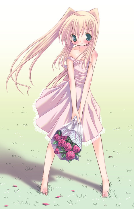 shiragi, 1girl, barefoot, blush, dress, female focus, flower, solo, strap slip, twintails