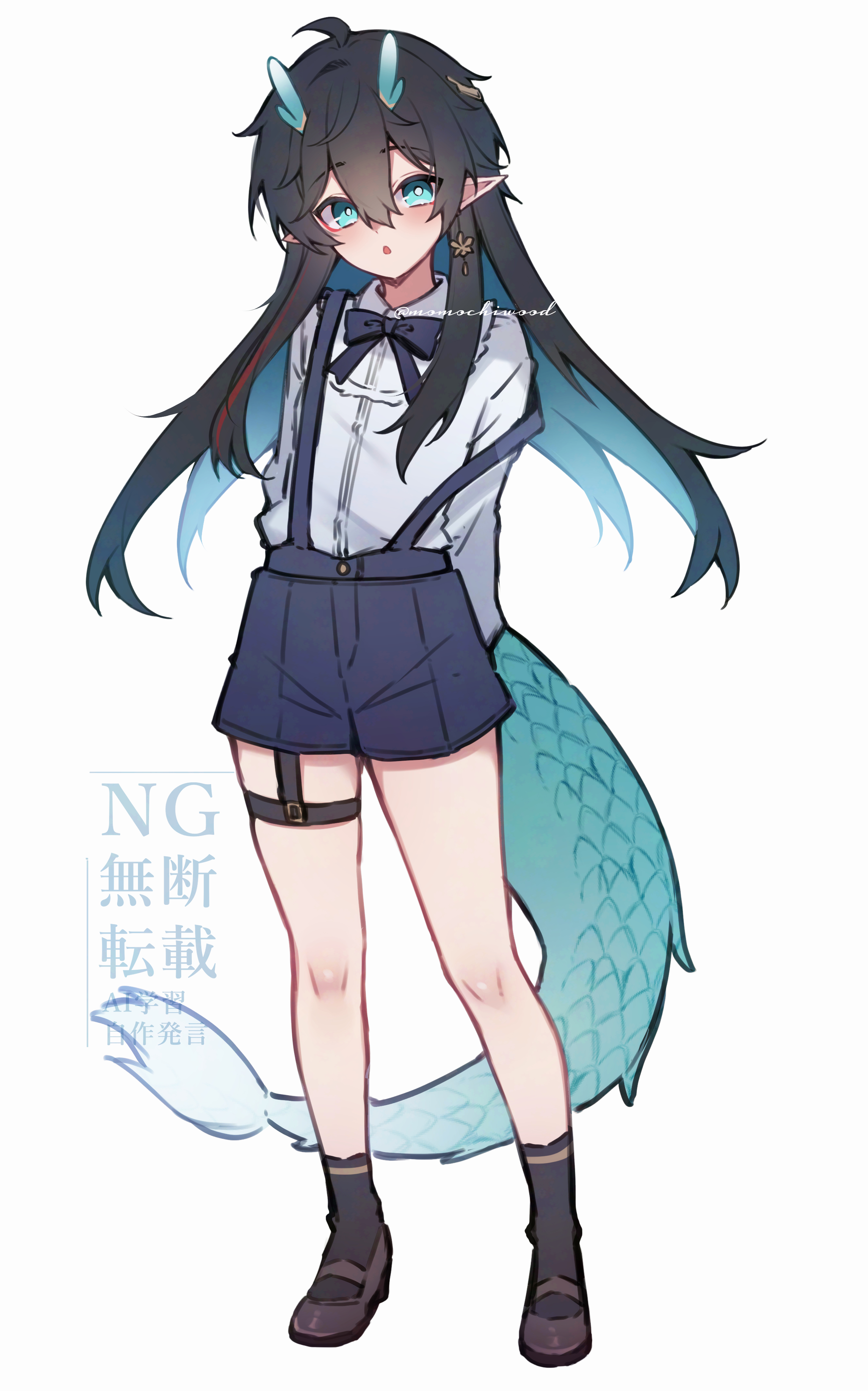 momochiwood, dan heng (honkai: star rail), honkai: star rail, honkai (series), absurdres, highres, 1boy, :o, aged down, aqua eyes, aqua hair, aqua horns, artist name, black bow, black bowtie, black hair, black hands, black shoes, black shorts, black socks, black suspenders, blush, bow, bowtie, collared shirt, colored extremities, dragon boy, dragon horns, dragon tail, fingerless gloves, from side, full body, gloves, horns, large tail, long hair, long sleeves, looking at viewer, lotus earrings, male focus, mary janes, multicolored hair, open mouth, pointy ears, shirt, shoes, short shorts, shorts, socks, solo, standing, streaked hair, tail, thigh strap, trap, two-tone hair, very long hair, watermark, white background, white shirt