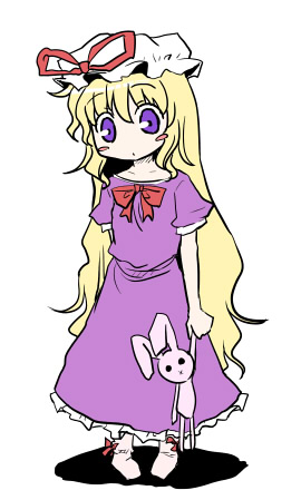 harunatsu akito, yakumo yukari, yakumo yukari (young), touhou, lowres, 1girl, aged down, blonde hair, blush stickers, dress, female focus, hat, long hair, pigeon-toed, purple eyes, solo, stuffed animal, stuffed rabbit, stuffed toy, very long hair