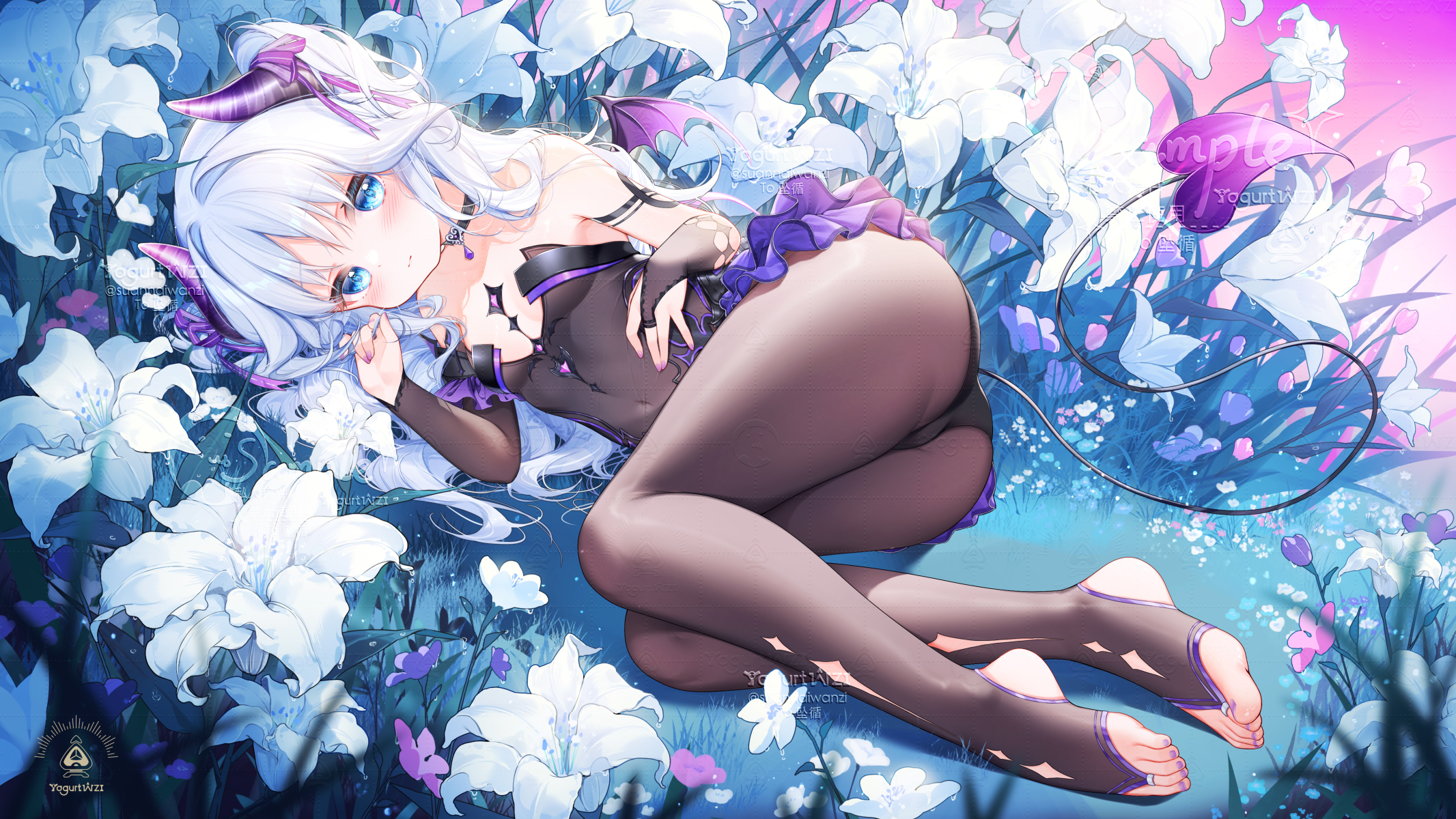 suaynnai wanzi, original, flower request, highres, 1girl, artist logo, artist name, bare shoulders, black bridal gauntlets, black choker, black panties, black ribbon, blue eyes, blush, bodystocking, breasts, bridal gauntlets, bridal legwear, cameltoe, choker, closed mouth, covered navel, demon girl, demon horns, demon tail, demon wings, elbow gloves, flower, frilled skirt, frills, gloves, hair ribbon, horns, jewelry, logo, long hair, lying, microskirt, mini wings, on side, outdoors, panties, pendant, pendant choker, purple horns, purple nails, purple ribbon, purple skirt, purple wings, ribbon, sample watermark, skirt, small breasts, solo, tail, underwear, watermark, white flower, white hair, wings